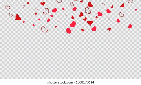 Red hearts of confetti are flying. Happy background. The idea of wallpaper design, textiles, packaging, printing, holiday invitation for wedding. Red on Transparent fond Vector.