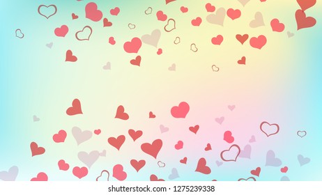 Red hearts of confetti are flying. The idea of wallpaper design, textiles, packaging, printing, holiday invitation for birthday. Festive background. Red on Gradient background Vector.
