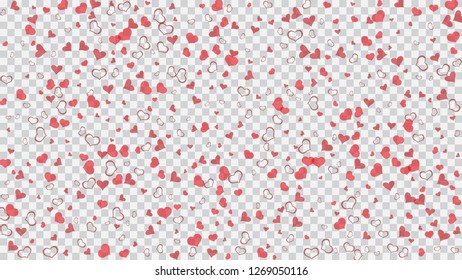 Red hearts of confetti are flying. Red on Transparent fond Vector. Spring background. The idea of wallpaper design, textiles, packaging, printing, holiday invitation for birthday.