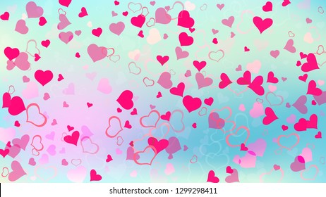 Red hearts of confetti are flying. Red on Gradient fond Vector. Happy background. The idea of wallpaper design, textiles, packaging, printing, holiday invitation for birthday.