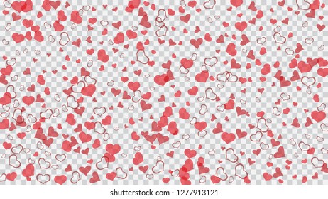 Red hearts of confetti are flying. A sample of wallpaper design, textiles, packaging, printing, holiday invitation for wedding. Red on Transparent background Vector. Light background.