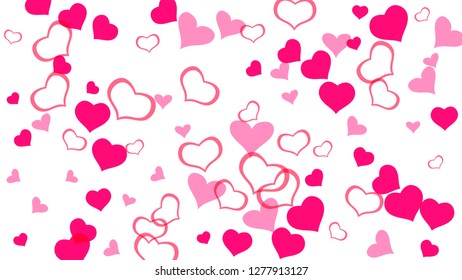 Red hearts of confetti are flying. A sample of wallpaper design, textiles, packaging, printing, holiday invitation for wedding. Red on White background Vector. Happy background.