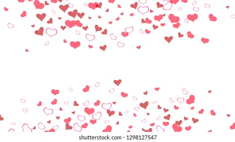 Red hearts of confetti are flying. Spring background. A sample of wallpaper design, textiles, packaging, printing, holiday invitation for birthday. Red on White fond Vector.