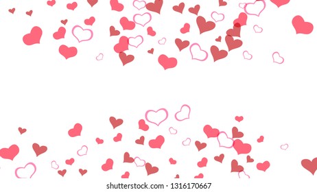 Red hearts of confetti are flying. Spring background. Part of the design of wallpaper, textiles, packaging, printing, holiday invitation for Valentine's Day. Red on White fond Vector.