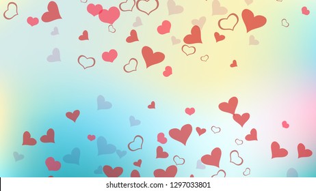 Red hearts of confetti are flying. Stylish background. Red on Gradient fond Vector. Part of the design of wallpaper, textiles, packaging, printing, holiday invitation for wedding.