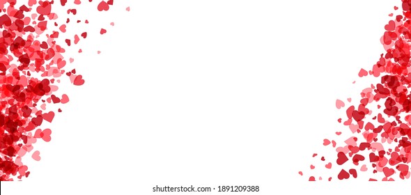 Red hearts confetti frame on white background. Valentine's Day. Banner template. Space for text. Vector illustration.