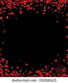 Red hearts confetti frame on black background with space for text. Wedding, birthday, Valentine's Day. Vector holiday illustration.