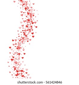 Red hearts confetti. Left wave on white valentine background. Vector illustration.