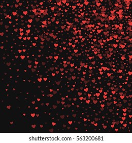 Red hearts confetti. Random gradient scatter on black valentine background. Vector illustration.