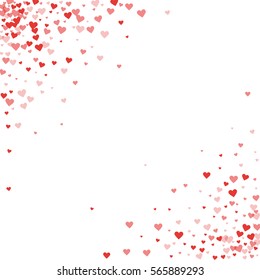 Red hearts confetti. Scatter abstract corners on white valentine background. Vector illustration.