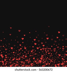 Red hearts confetti. Scatter bottom gradient on black valentine background. Vector illustration.