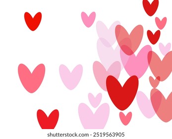 Red hearts confetti. Scatter cornered border on white valentine background. Cartoon confetti love signs graphic design.