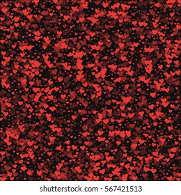 Red hearts confetti. Scattered pattern on black valentine background. Vector illustration.
