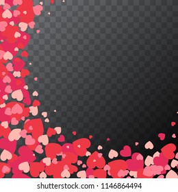 Red hearts confetti splash on transparent background in circle form. Magic vector waves with particles isolated on black background. Hearts form stardust. Happy Valentines Day frame