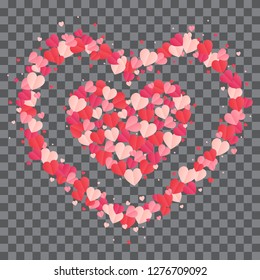 Red hearts confetti splash on transparent background. Magic vector waves with particles isolated on black background. Hearts form stardust. Happy Valentines Day frame