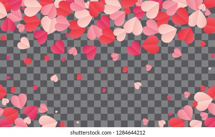 Red hearts confetti splash on transparent background. Magic vector waves with particles isolated on black background. Hearts form stardust. Happy Valentines Day frame