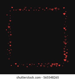 Red hearts confetti. Square abstract shape on black valentine background. Vector illustration.