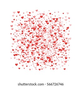 Red hearts confetti. Square frame on white valentine background. Vector illustration.