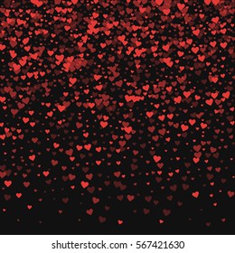 Red hearts confetti. Top gradient on black valentine background. Vector illustration.