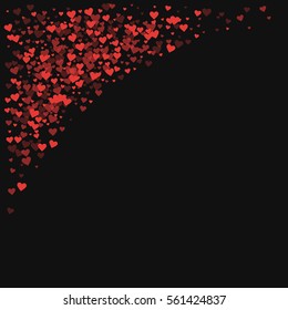 Red hearts confetti. Top left corner on black valentine background. Vector illustration.