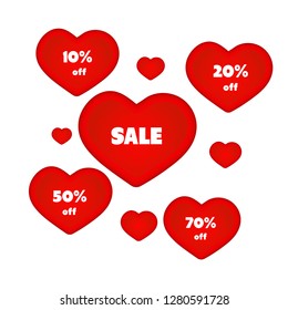 red hearts with corporate sale from 10, 20, 50, 70 percent on a white background