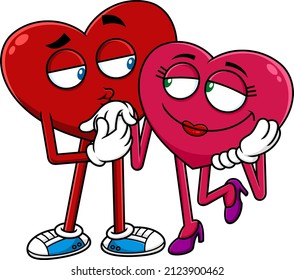 Red Hearts Couple Cartoon Characters Flirting. Vector Hand Drawn Illustration Isolated On White Background