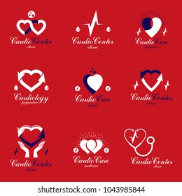 Red hearts created with ecg chart and circulation arrows. Set of cardio rehabilitation center vector logos for use as drugstore emblems.
