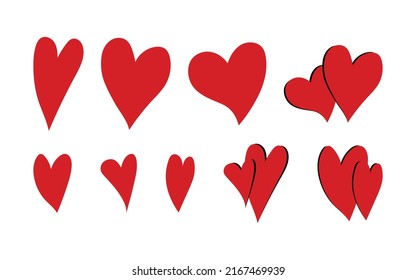 Red hearts decorative elements set. Love vector isolated illustrations for Wedding or Anniversary, for Valentine's Day. Symbol, sign of love and friendship. Cute hearts collection.
