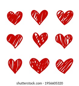 red hearts of different shapes drawn by hand with shading inside. a network of many hearts on a white background