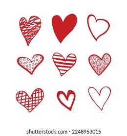 red hearts doodle set. Different shapes and patterns of hearts isolated on a white background. Valentine's Day. Clipart. Vector illustration