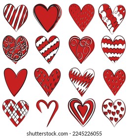 red hearts doodle sketch ,contour on white background isolated vector