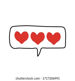 Red hearts in doodle style isolated on white background. Signature Icon. Vector outline illustration. Black spots. Can be used as icon or symbol. Decor element. Hand drawn black sketch.