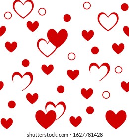 Red hearts, dots and circles, background for Valentines Day, Wedding invitations, Save the date. Seamless pattern. Vector isolated painting art