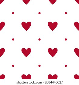 Red hearts and dots vector seamless pattern. Romantic ornament for girl dress fabric print. Endless girlish pattern with hearts and polka dots. Minimal Valentine's Day background design.