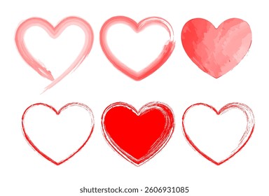 Red hearts drawn in different styles. Watercolor, freehand..White isolated background. The figure is suitable for a romantic theme.