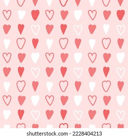 Red hearts drawn with a marker. 
Artwork for fabric, print or wrapping paper. Valentines Day or birthday background. Seamless vector pattern