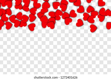 Red hearts with a drop shadow falling down on a transparent background. Valentine’s day love concept. vector illustration.