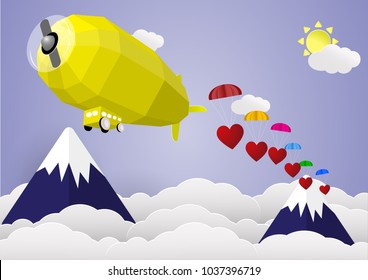 red hearts droping around the sky by airship,cloud. Vector illustration. card, menu,banner, poster, voucher.paper cut,digital craft style.