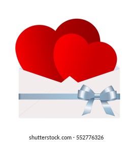 Red hearts in envelope gift. Vector image.