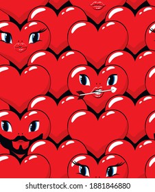С corazones rojos con caras. El día de San Valentín es un patrón sin fisuras. Ilustración vectorial.