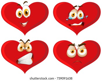 Red hearts with facial expressions illustration