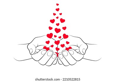 Red hearts are falling in cupped palms, isolated over white background. Concept of getting assistance and help, emotional support, charity and thankfulness