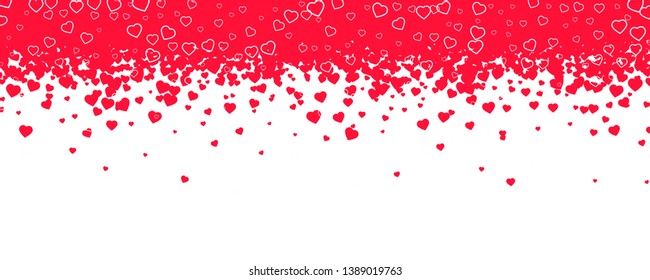 Red hearts are falling down. Decoration for holidays of holy Valentines, Womens and Mothers days. Abstract pattern isolated on white background for greeting wedding card.