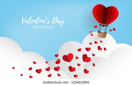 Red hearts falling from hot air balloon in heart shape on blue sky with clouds background with your copy space. Concept of love and Valentines day, paper art style. Vector illustration.