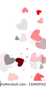  Red Hearts Falling on White Background. Illustration with Red Hearts for your Design.  Valentines Background for Greeting Card, Invitation, Banner, Wallpaper, Flyer. Vector illustration.