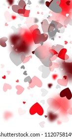  Red Hearts Falling on White Background. Illustration with Red Hearts for your Design.  Valentines Background for Greeting Card, Invitation, Banner, Wallpaper, Flyer. Vector illustration.