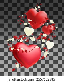 Red hearts with falling petals isolated on transparent background. Vector illustration.