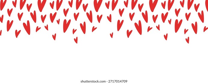 Red hearts falling from the top forming a romantic Valentine’s Day border. Modern love-themed background for cards, posters, invitations and social media designs