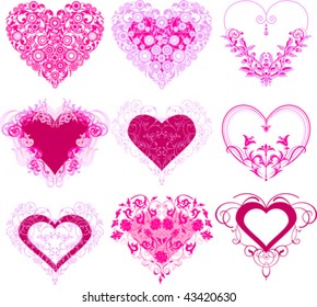 Red hearts with filigree ornament. All elements and textures are individual objects. Vector illustration scale to any size.