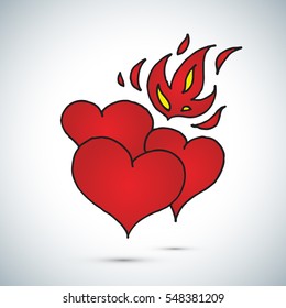 Red hearts and fire freehand drawing vector illustration